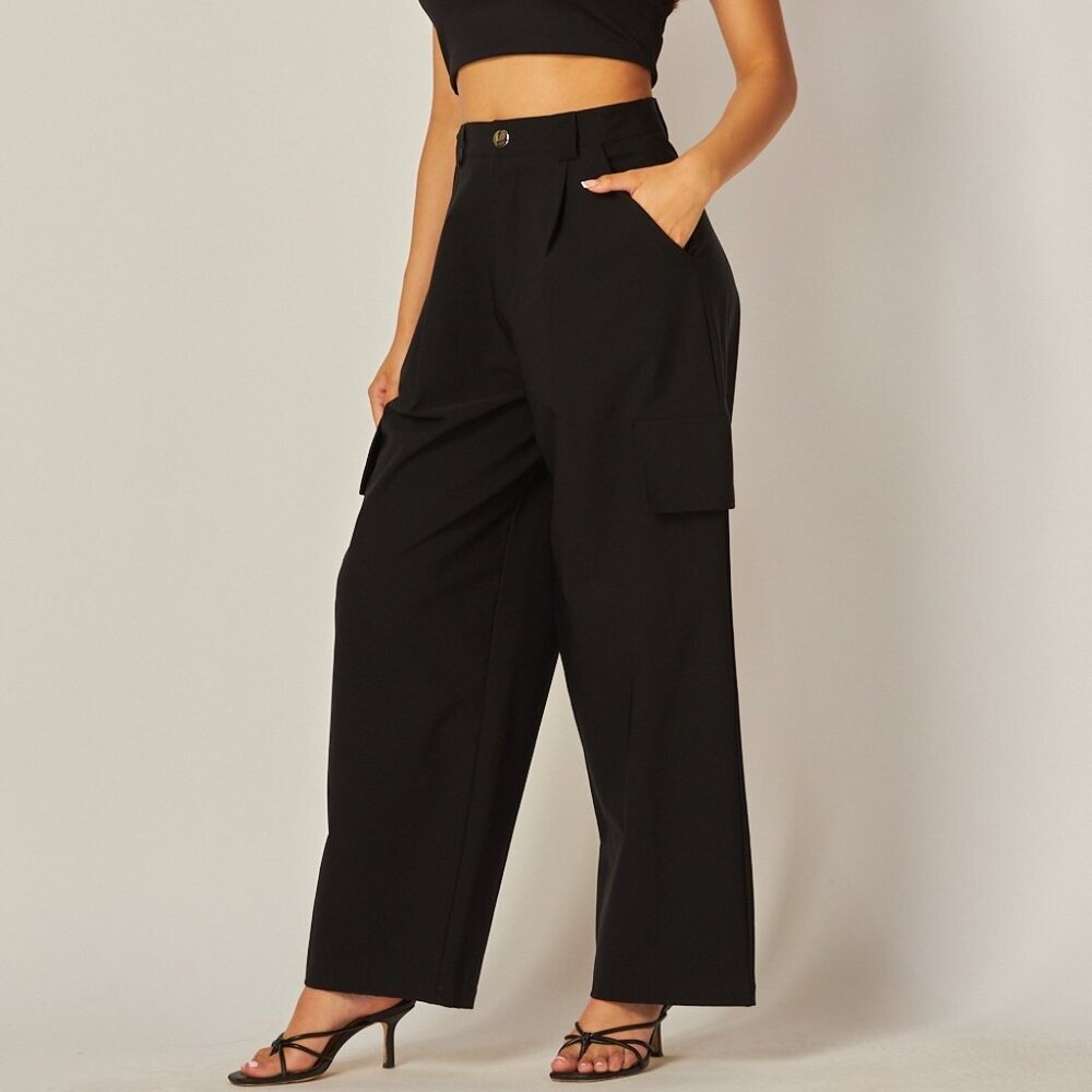 LOVE POEM BY BLOCK Black Cargo Wide Leg Trousers | Chic High Waist Utility Pants - Picture 3 of 4